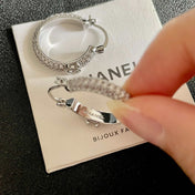 CHANEL 26S DOUBLE C LOGO FULL PAVE CRYSTAL HOOP EARRINGS IN SILVER METAL 630069
