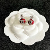 CHANEL 26S DOUBLE C LOGO RED ENAMEL CRYSTAL DROP STUD EARRINGS IN SILVER METAL 630074