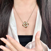 CHANEL 26S DOUBLE C LOGO AMBER CRYSTAL SQUARE PENDANT NECKLACE IN GOLD METAL 633294