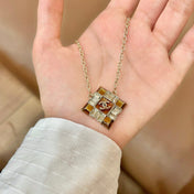 CHANEL 26S DOUBLE C LOGO AMBER CRYSTAL SQUARE PENDANT NECKLACE IN GOLD METAL 633294