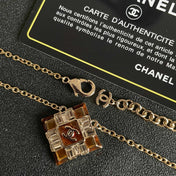 CHANEL 26S DOUBLE C LOGO AMBER CRYSTAL SQUARE PENDANT NECKLACE IN GOLD METAL 633294