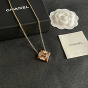 CHANEL 26S DOUBLE C LOGO AMBER CRYSTAL SQUARE PENDANT NECKLACE IN GOLD METAL 633294