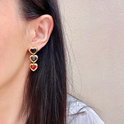 CHANEL 26S DOUBLE C LOGO BLACK & RED ENAMEL HEART TRIPLE DROP EARRINGS IN GOLD METAL 633299