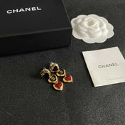 CHANEL 26S DOUBLE C LOGO BLACK & RED ENAMEL HEART TRIPLE DROP EARRINGS IN GOLD METAL 633299