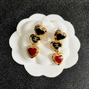 CHANEL 26S DOUBLE C LOGO BLACK & RED ENAMEL HEART TRIPLE DROP EARRINGS IN GOLD METAL 633299