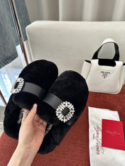 SLIDY VIV' MULES IN BLACK WOOL WITH STRASS BUCKLE