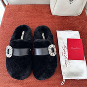 SLIDY VIV' MULES IN BLACK WOOL WITH STRASS BUCKLE