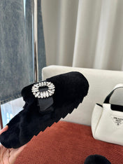 SLIDY VIV' MULES IN BLACK WOOL WITH STRASS BUCKLE