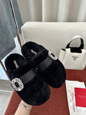 SLIDY VIV' MULES IN BLACK WOOL WITH STRASS BUCKLE