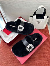 SLIDY VIV' MULES IN BLACK WOOL WITH STRASS BUCKLE