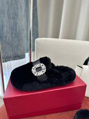 SLIDY VIV' MULES IN BLACK WOOL WITH STRASS BUCKLE