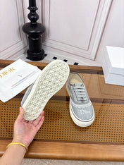 DIOR 26S LOW TOP SNEAKERS IN GREY CANVAS WITH WHITE LACE TRIM & LOGO PRINT