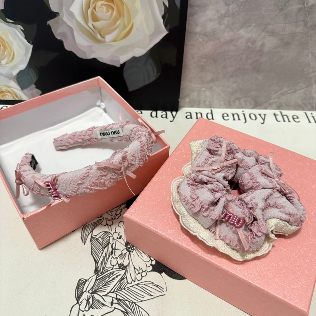 SET HEADBAND AND HAIR TIE IN LIGHT PINK FABRIC ATTACHED BOWS 432848