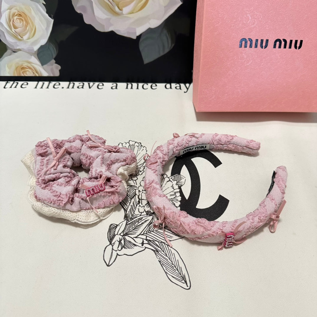 SET HEADBAND AND HAIR TIE IN LIGHT PINK FABRIC ATTACHED BOWS 432848