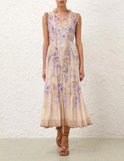 ZIMMER PLEATED V-NECK SLEEVELESS DRESS IN BEIGE MIX PURPLE