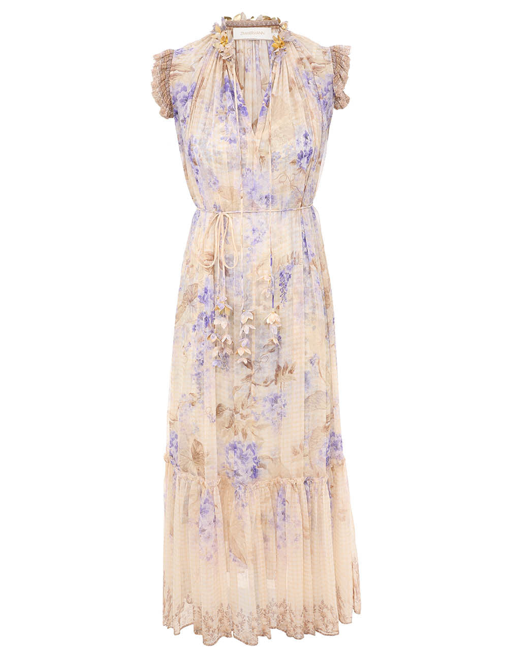 ZIMMER PLEATED V-NECK SLEEVELESS DRESS IN BEIGE MIX PURPLE