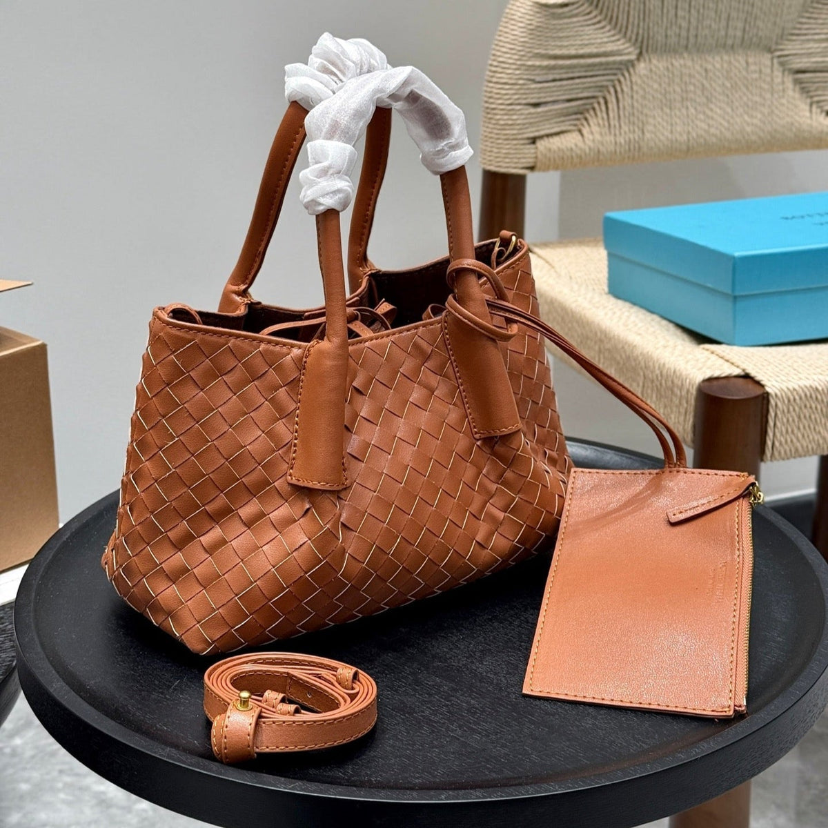 SMALL PINACOTECA TOTE BAG 25 IN RUST BROWN CALFSKIN