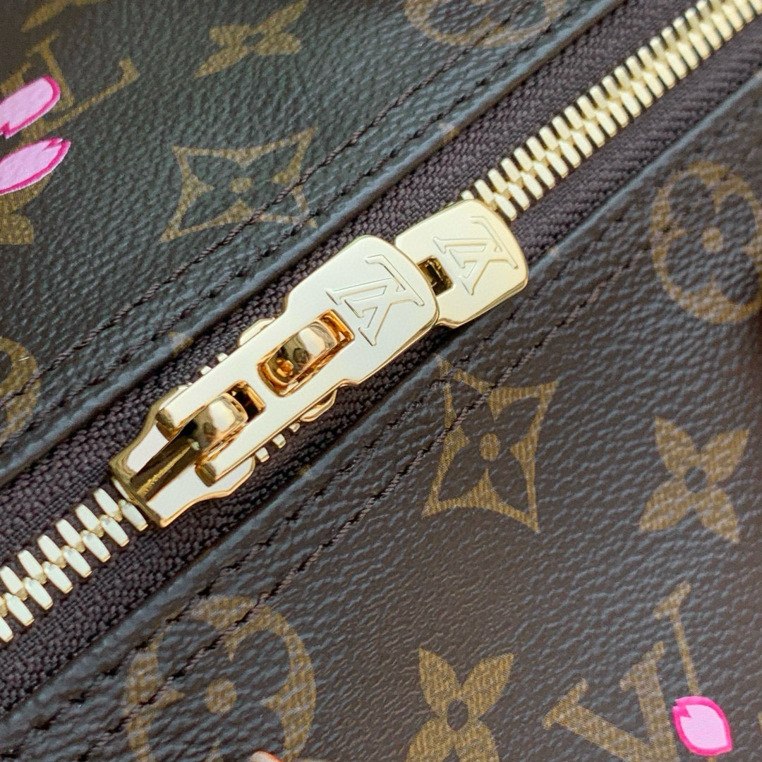 SPEEDY BANDOULIÈRE CHERRY BLOSSOM 25 IN SAKURA BROWN MONOGRAM COATED CANVAS