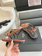 Yves SL Buckle Women Sandals Black Tan Leather