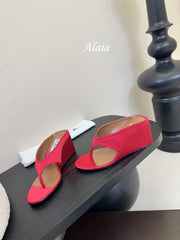 ALAIA WEDGE THONG SANDALS 25S IN RED SATIN