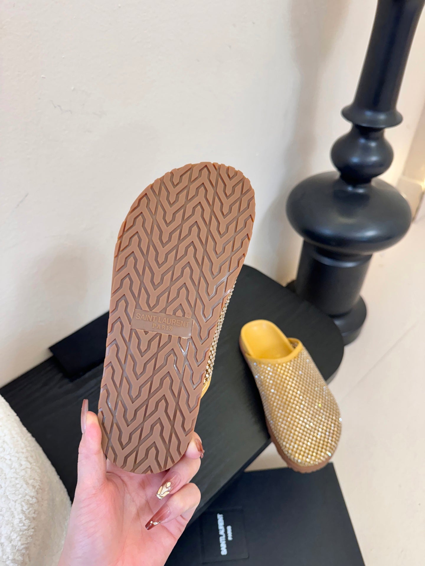 YSL 26S MESH MULES IN BEIGE YELLOW CALFSKIN AND WITH RHINESTONES