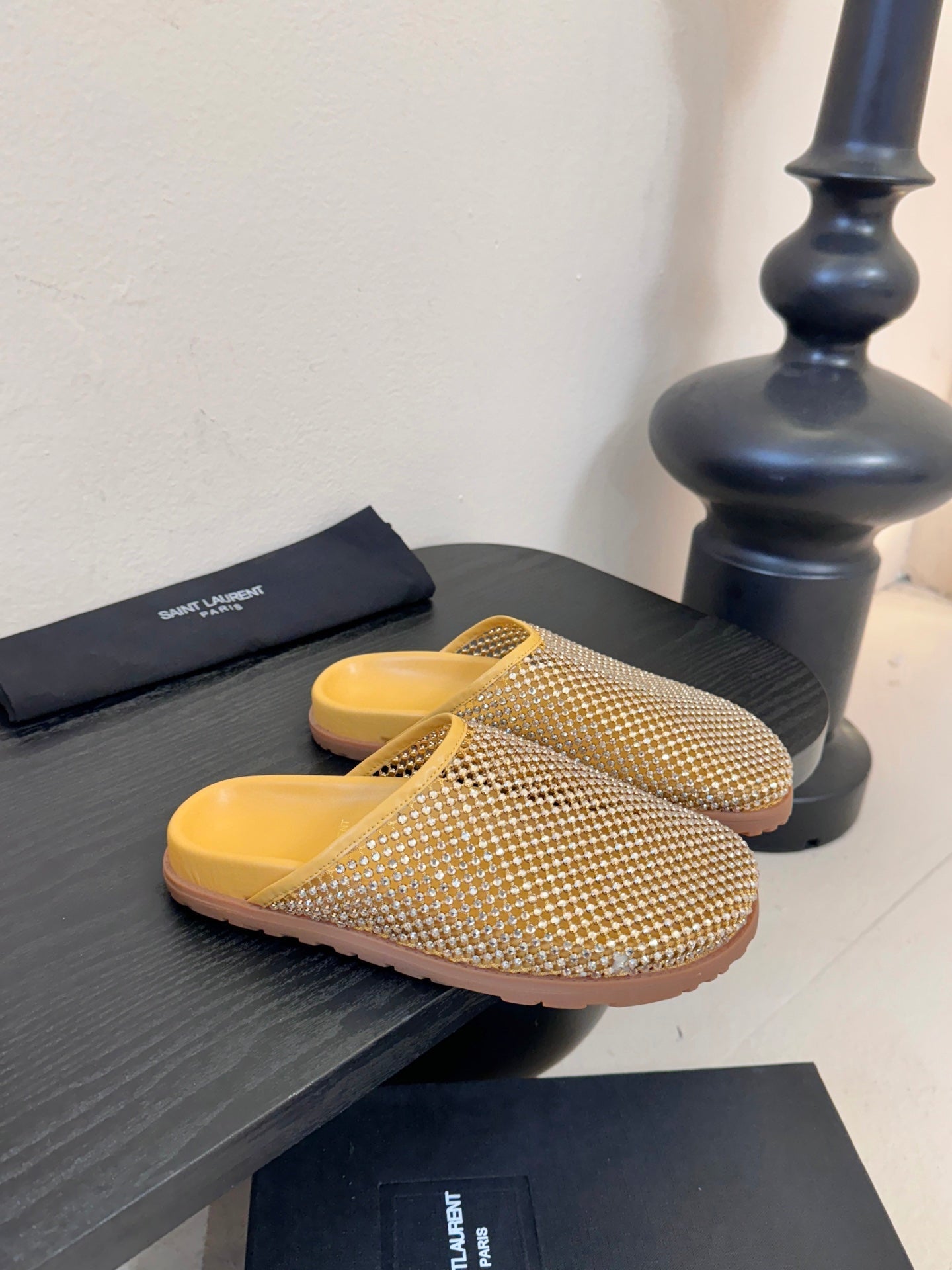 YSL 26S MESH MULES IN BEIGE YELLOW CALFSKIN AND WITH RHINESTONES