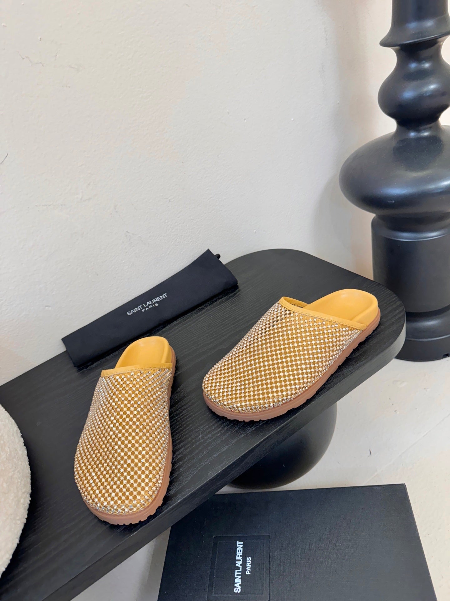 YSL 26S MESH MULES IN BEIGE YELLOW CALFSKIN AND WITH RHINESTONES