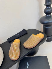 YSL 26S MESH MULES IN BEIGE YELLOW CALFSKIN AND WITH RHINESTONES