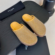 YSL 26S MESH MULES IN BEIGE YELLOW CALFSKIN AND WITH RHINESTONES