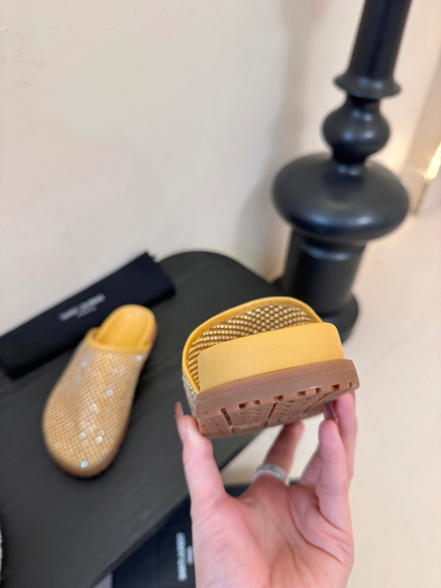 YSL 26S MESH MULES IN BEIGE YELLOW CALFSKIN AND WITH RHINESTONES