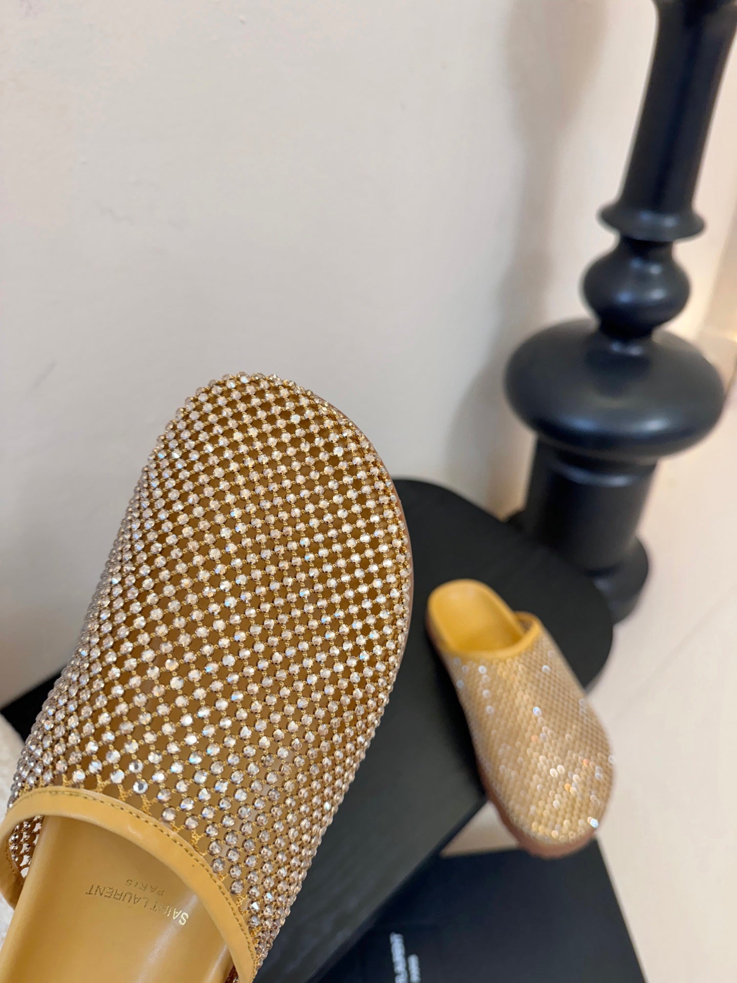 YSL 26S MESH MULES IN BEIGE YELLOW CALFSKIN AND WITH RHINESTONES