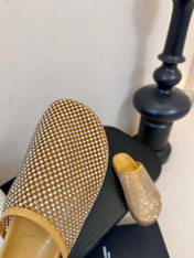 YSL 26S MESH MULES IN BEIGE YELLOW CALFSKIN AND WITH RHINESTONES