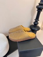 YSL 26S MESH MULES IN BEIGE YELLOW CALFSKIN AND WITH RHINESTONES