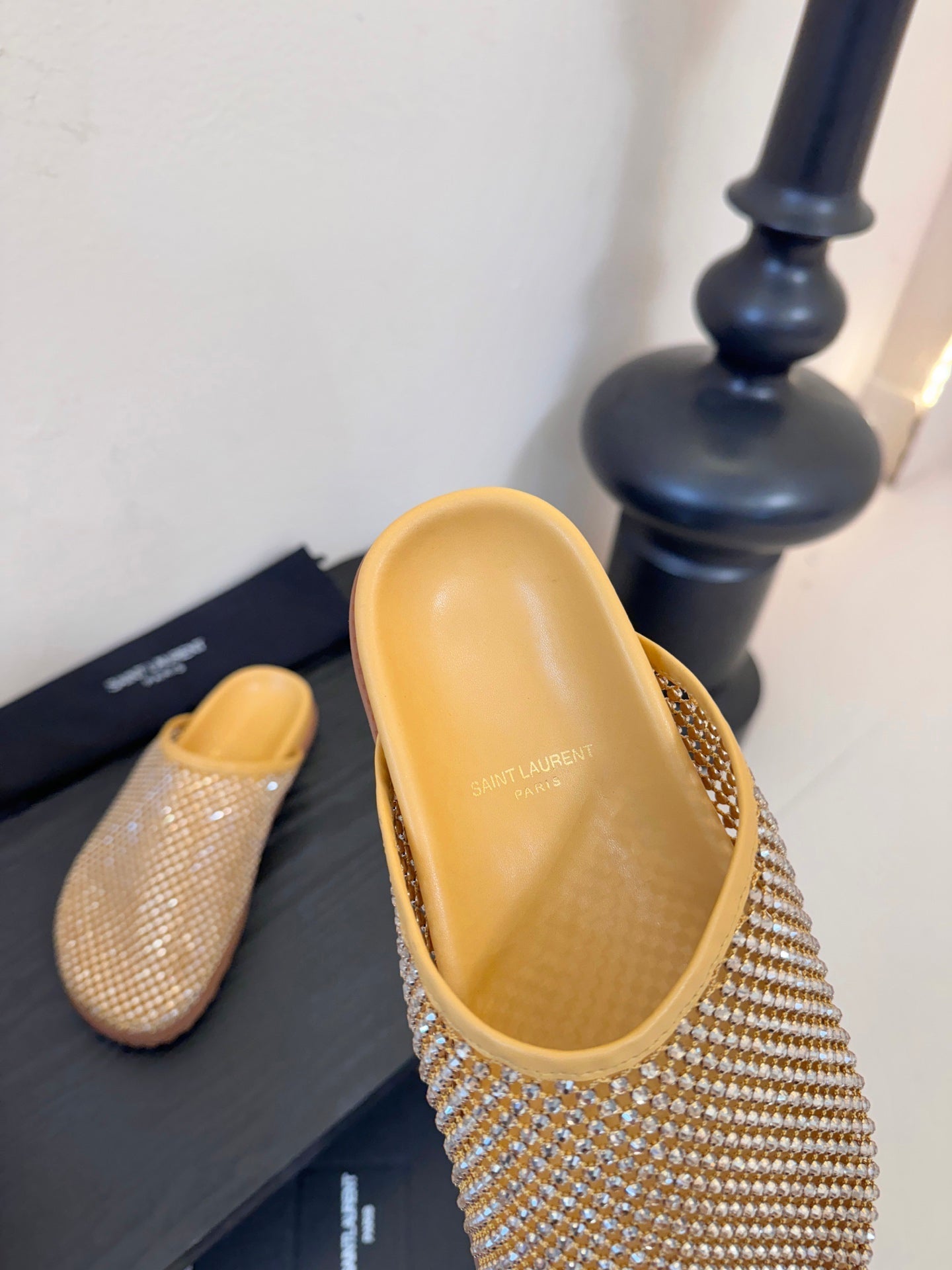 YSL 26S MESH MULES IN BEIGE YELLOW CALFSKIN AND WITH RHINESTONES
