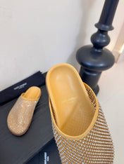YSL 26S MESH MULES IN BEIGE YELLOW CALFSKIN AND WITH RHINESTONES