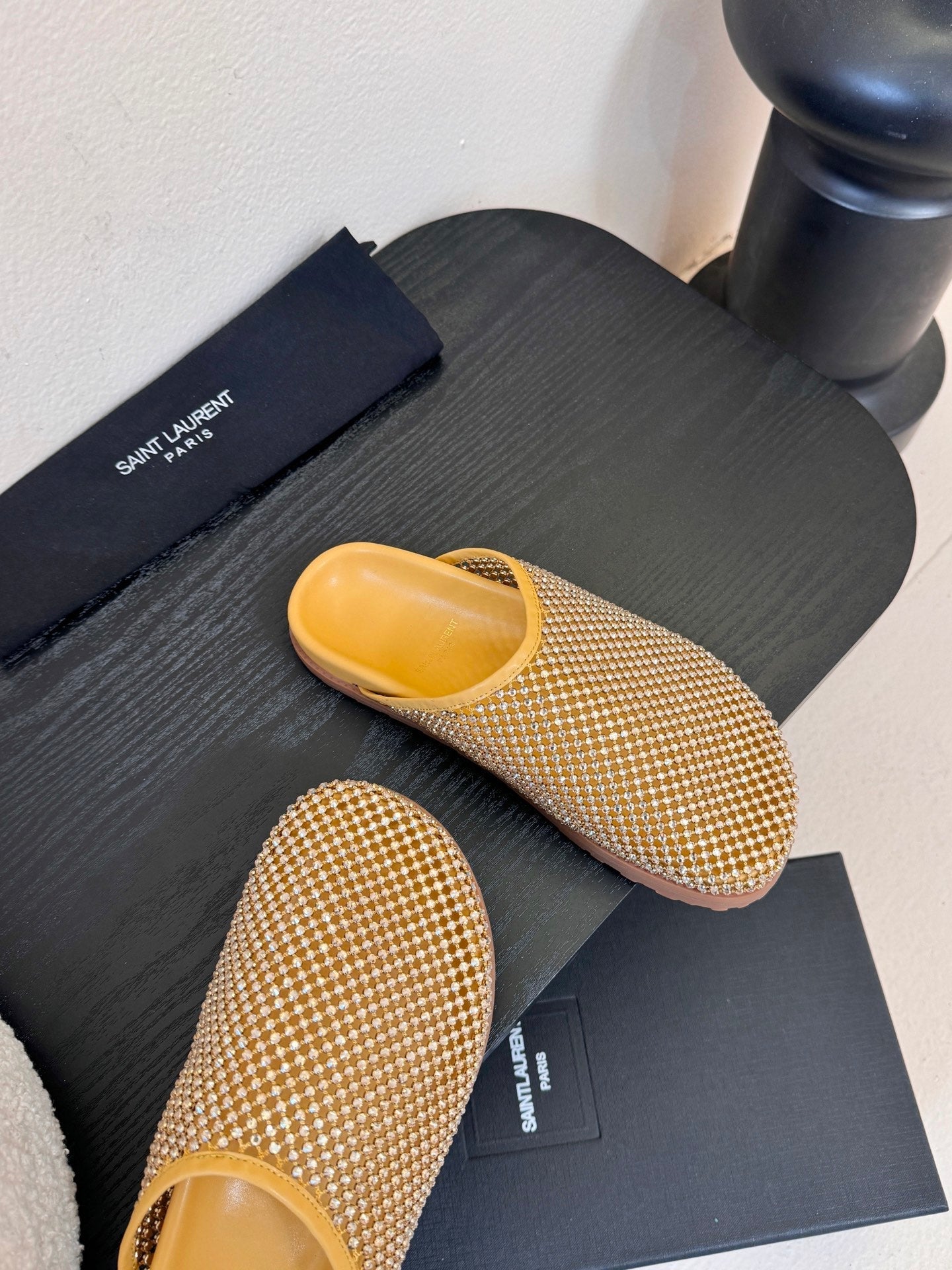 YSL 26S MESH MULES IN BEIGE YELLOW CALFSKIN AND WITH RHINESTONES