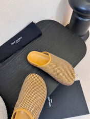 YSL 26S MESH MULES IN BEIGE YELLOW CALFSKIN AND WITH RHINESTONES