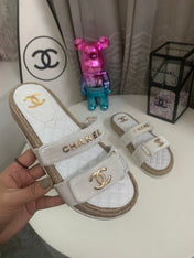 CHANEL 26S SLIDE SANDALS IN WHITE VELVET AND CALFSKIN WITH ROPE SOLE GOLD HARDWARE