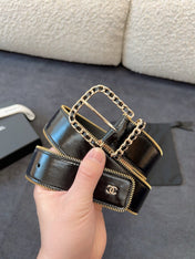 BELT 40MM IN BLACK CALFSKIN WITH INTERWOVEN CHAIN BUCKLE ZIPPER IN TRIM GOLD HARDWARE
