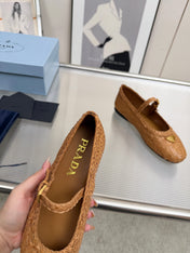 PRADA 26S MARY JANE FLATS IN TAN BROWN WOVEN CALFSKIN