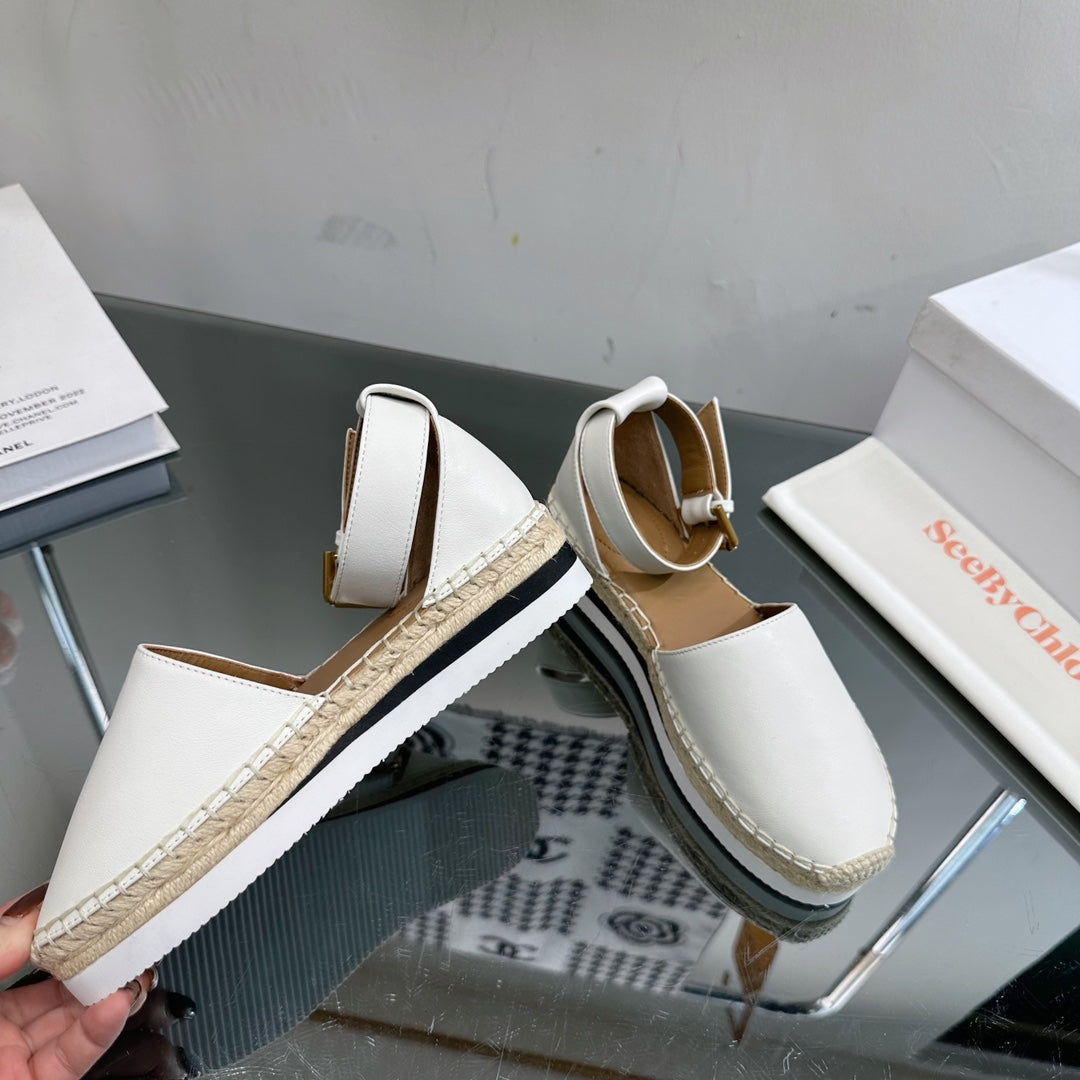 SEE BY ESPADRILLES SANDAL IN WHITE CALFSKIN AND WOVEN RAFFIA