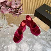 ALAIA PLATFORM WEDGE IN JAM PURPLE VELVET WITH HEART EMBROIDERED
