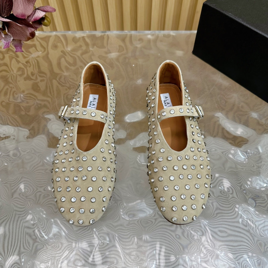 STRASS SUEDE BALLET FLATS WHITE