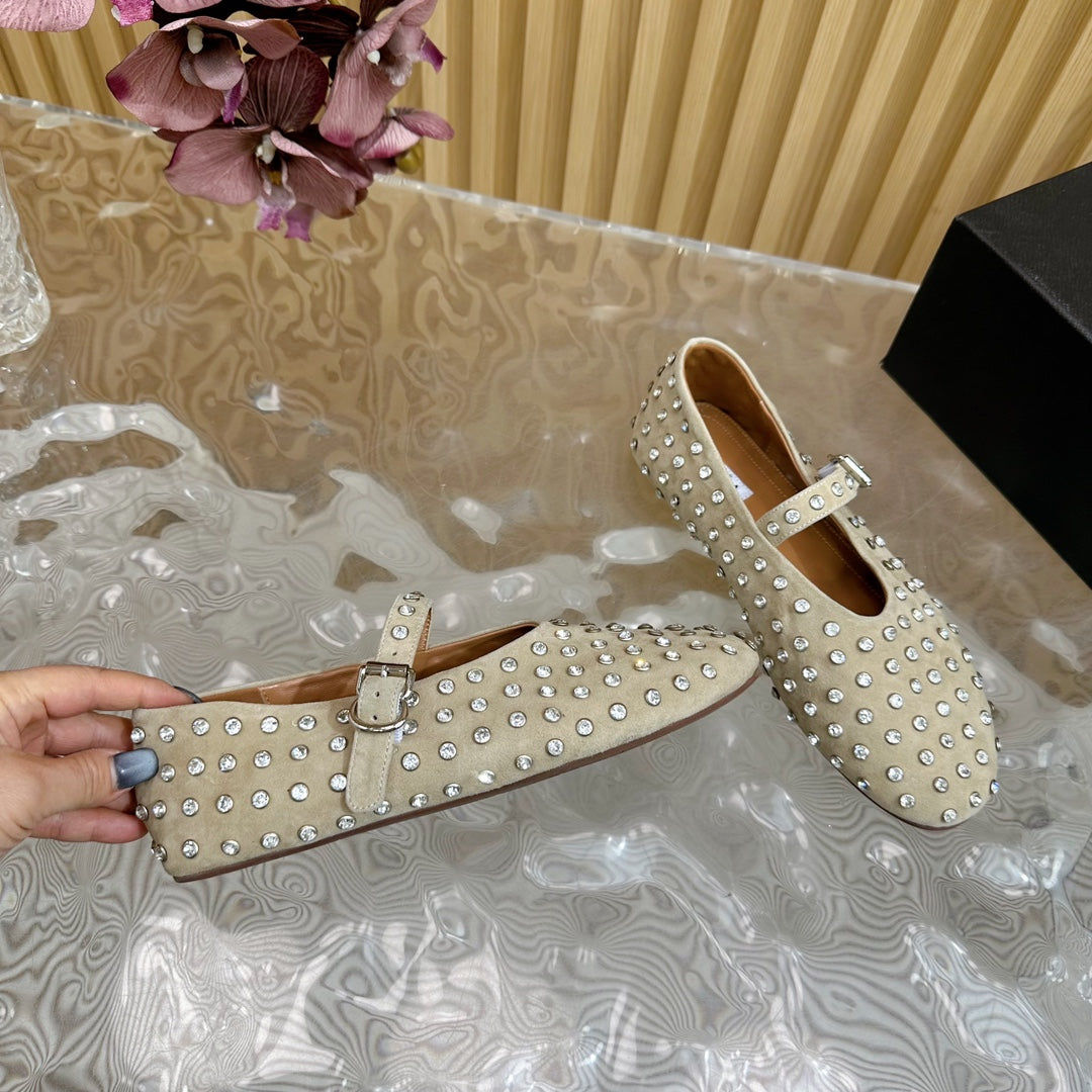 STRASS SUEDE BALLET FLATS WHITE