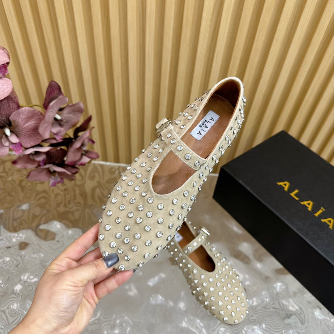 STRASS SUEDE BALLET FLATS WHITE