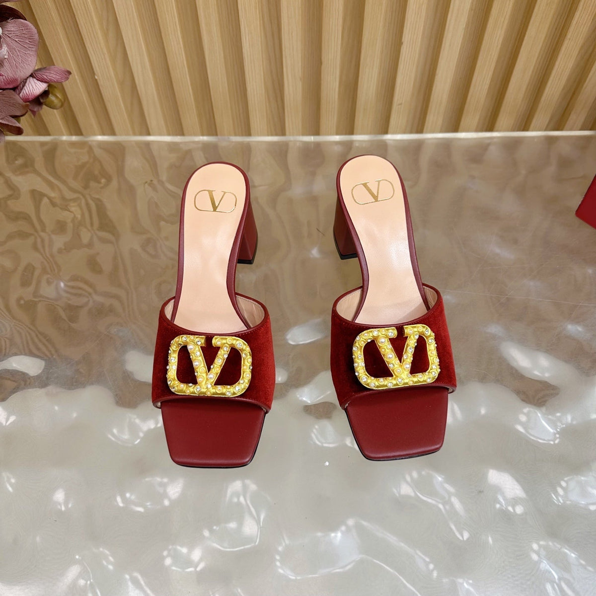 VALENTINO 25S HIGH-HEEL MULES 60 MM IN DARK RED VELVET AND CALFSKIN WITH GOLD HARDWARE