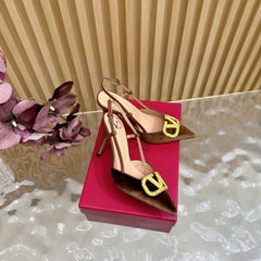 VALENTINO 25S HIGH-HEEL SLINGBACKS IN DARK BROWN VELVET WITH GOLD HARDWARE
