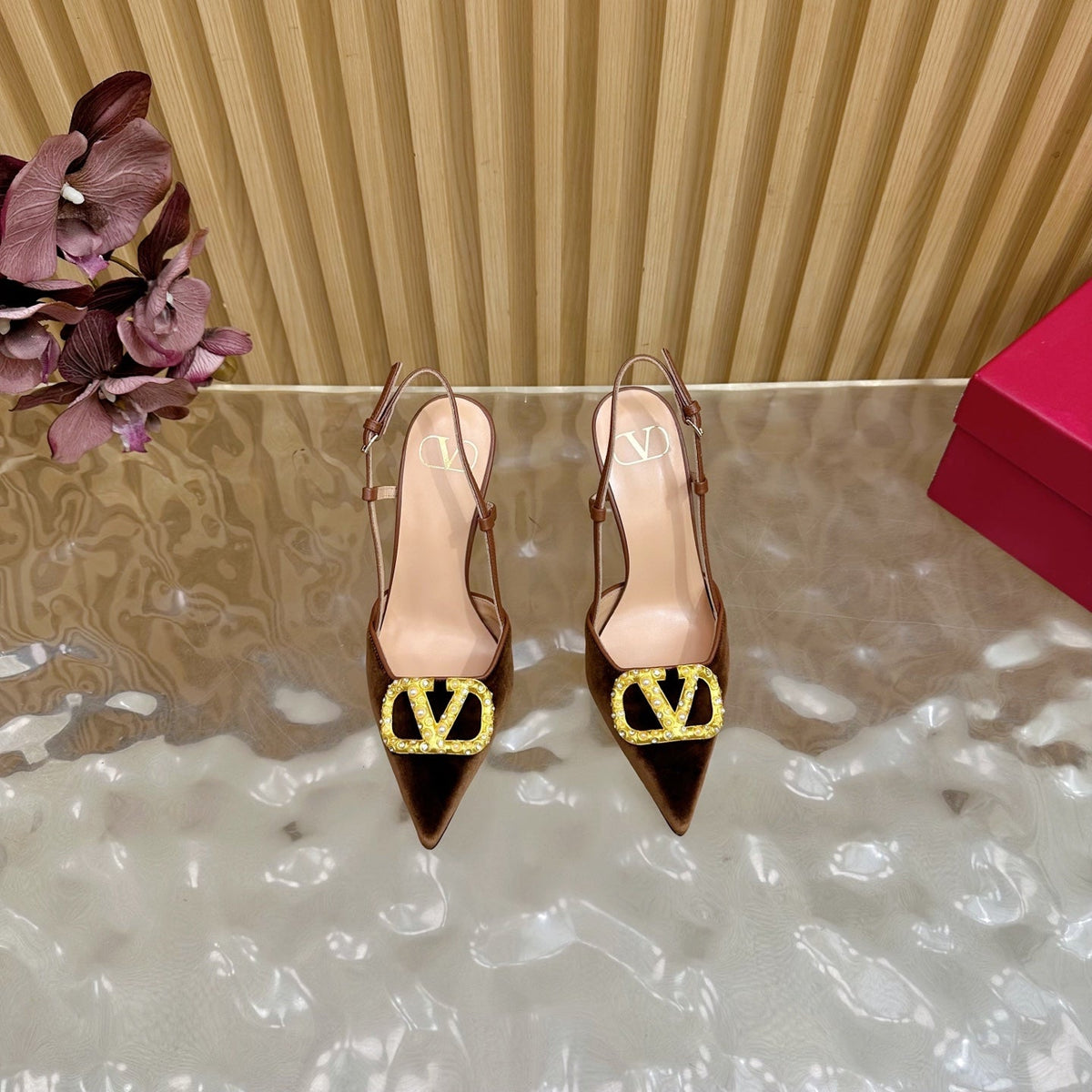VALENTINO 25S HIGH-HEEL SLINGBACKS IN DARK BROWN VELVET WITH GOLD HARDWARE