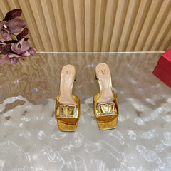 VALENTINO 25S HIGH-HEEL MULES 60 MM IN GOLD PATENT CALFSKIN WITH CRYSTAL-EMBELLISHED STRAP