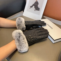 GLOVES IN BLACK EMBOSSED LAMBSKIN WITH RABBIT FUR 462323